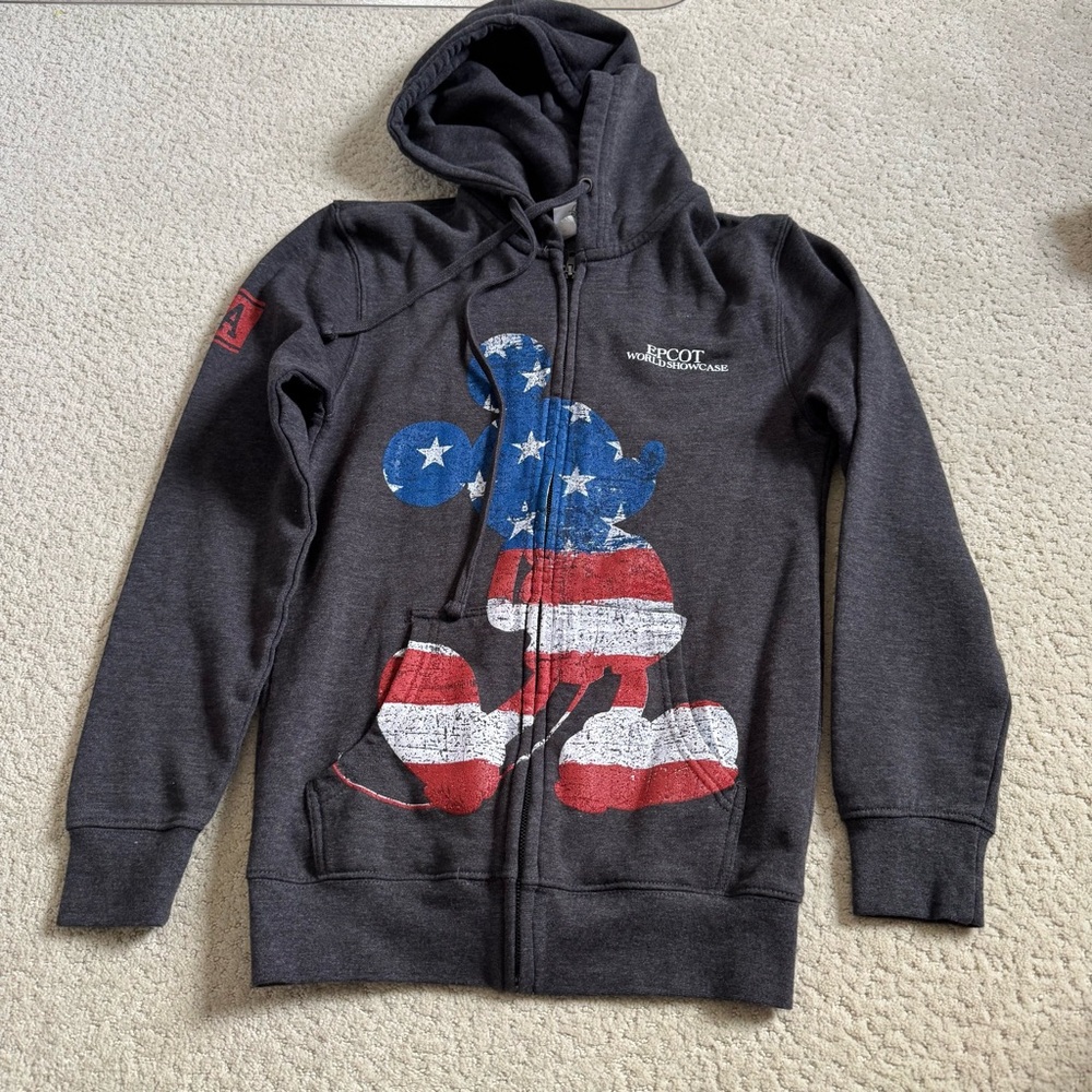 Disney Epcot World Showcase USA Mickey Mouse Full Zip Hoodie Sweatshirt Small